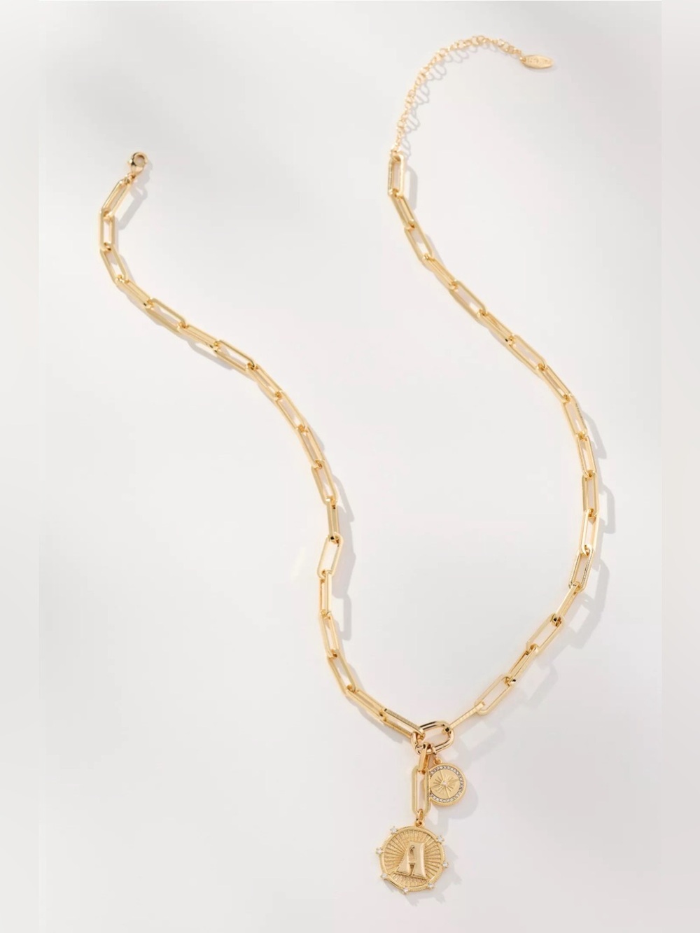 NWT Anthropologie Monogram Coin Pendant Chain Necklace Gold Letter M - Picture 4 of 6